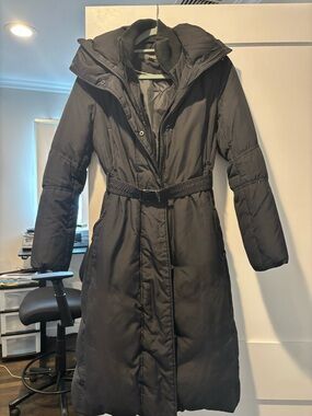 Long Black Belted Puffer Coat - Women's Winter Jacket